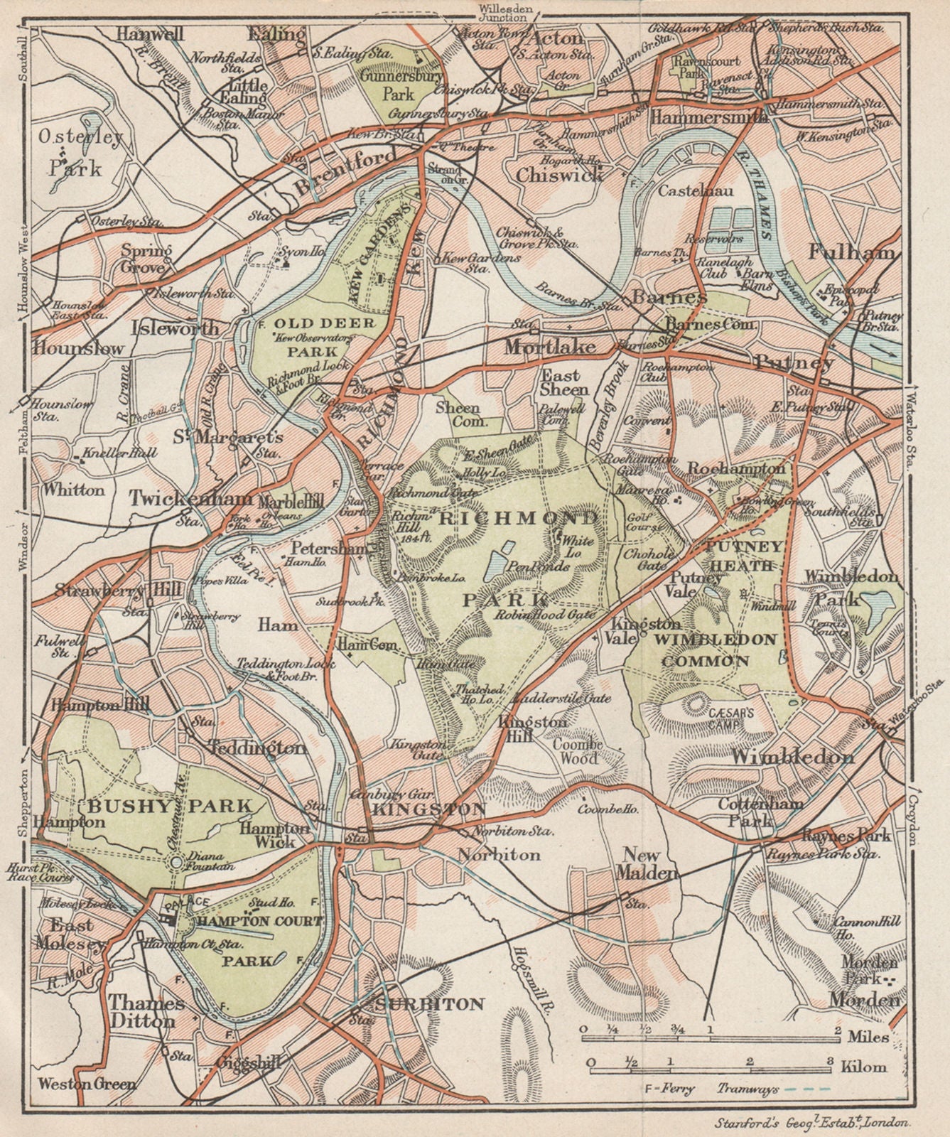 SW LONDON. Richmond Barnes Kingston Chiswick Wimbledon Kew Bushy Park 1927 map